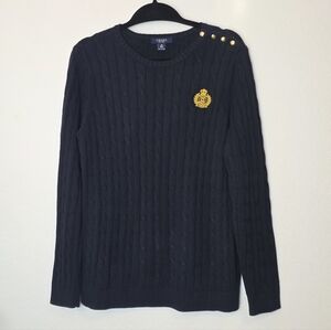 CHAPS Cable Knit Navy Blue Embroidered Crest 100% Cotton Sweater Old Money Sz 1X